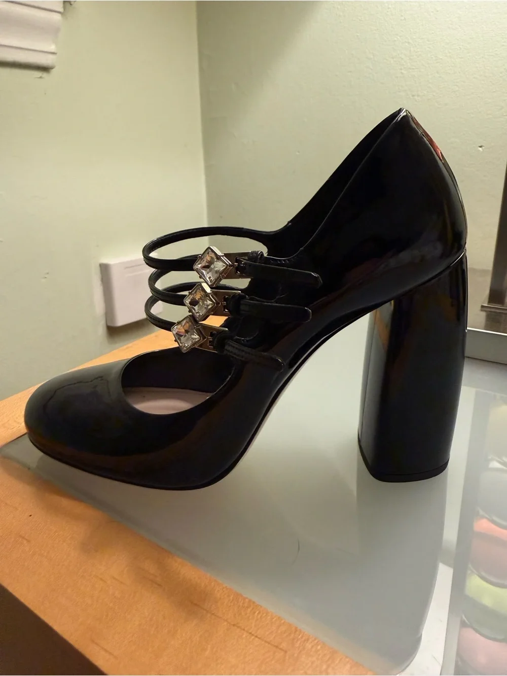 Miu Miu Black Patent Triple-Strap Block Heels with Crystal Buckles